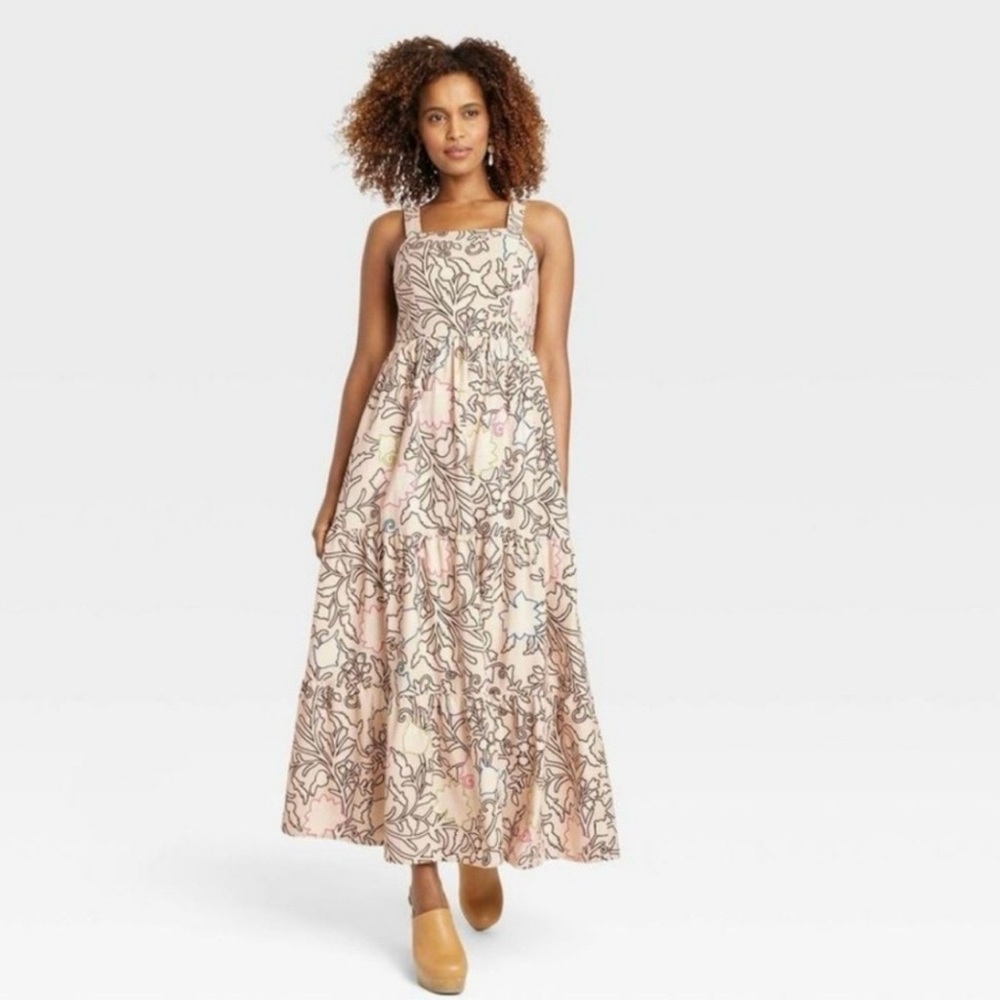 Knox Rose Beige Floral Tiered Maxi Dress Sleeveless Pockets XXL Boho Cottagecore